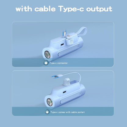 Portable Mini Phone Charger, 5000Mah Power Bank with USB C Output Cable, Mini Phone Power Bank with Bright Flashlight & Stand for Iphone Samsung Galaxy