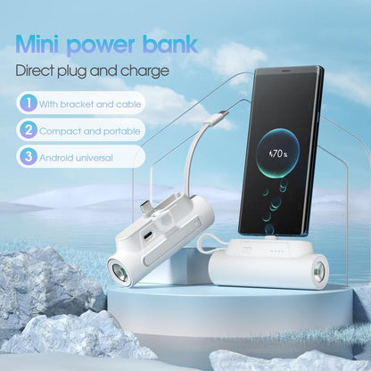 Portable Mini Phone Charger, 5000Mah Power Bank with USB C Output Cable, Mini Phone Power Bank with Bright Flashlight & Stand for Iphone Samsung Galaxy