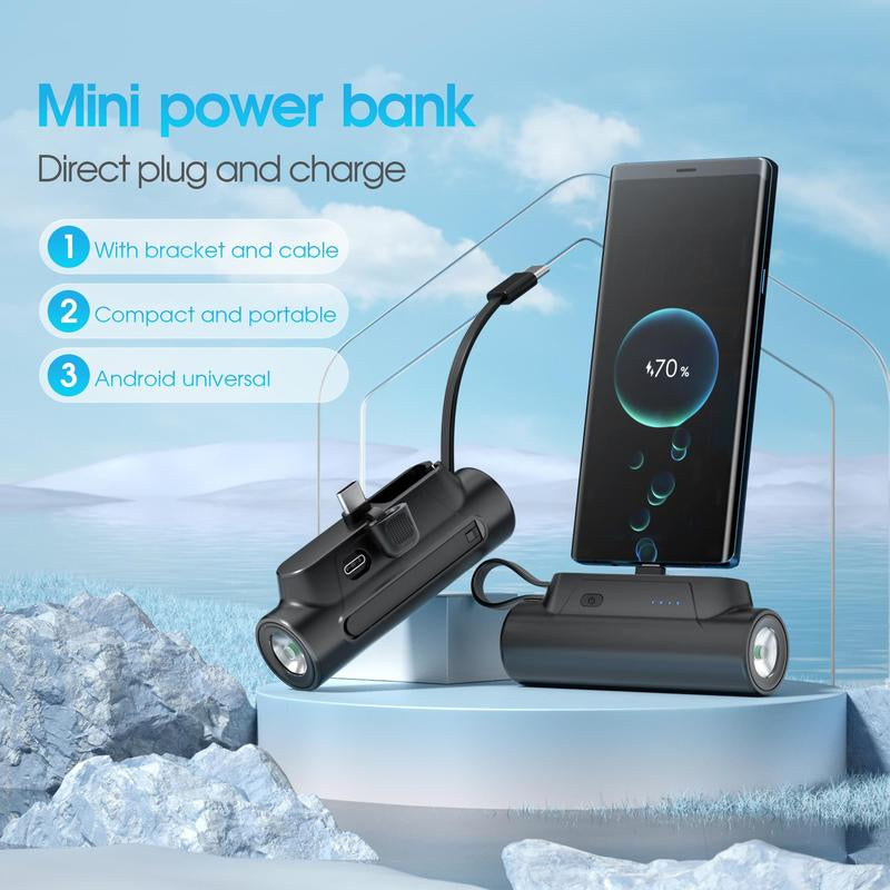 Portable Mini Phone Charger, 5000Mah Power Bank with USB C Output Cable, Mini Phone Power Bank with Bright Flashlight & Stand for Iphone Samsung Galaxy